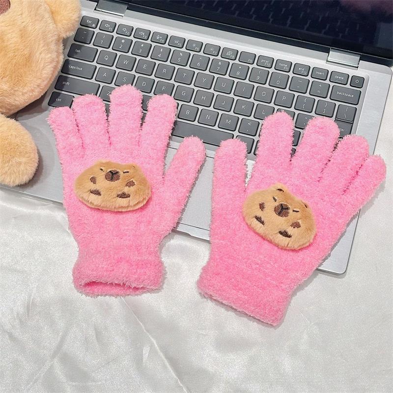 Cute Capybara Gloves Plush Coral Fleece Cold-Proof Gloves Five-Finger Gloves Student Winter Warmer Gloves Girly Christmas Gifts