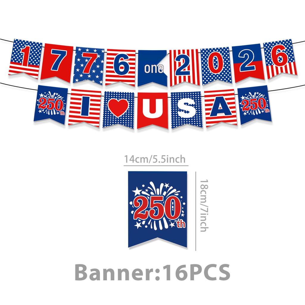 USA 250th Anniversary Party Supplies Set: Festival Decorations, Paper Plates, and Tablecloth.