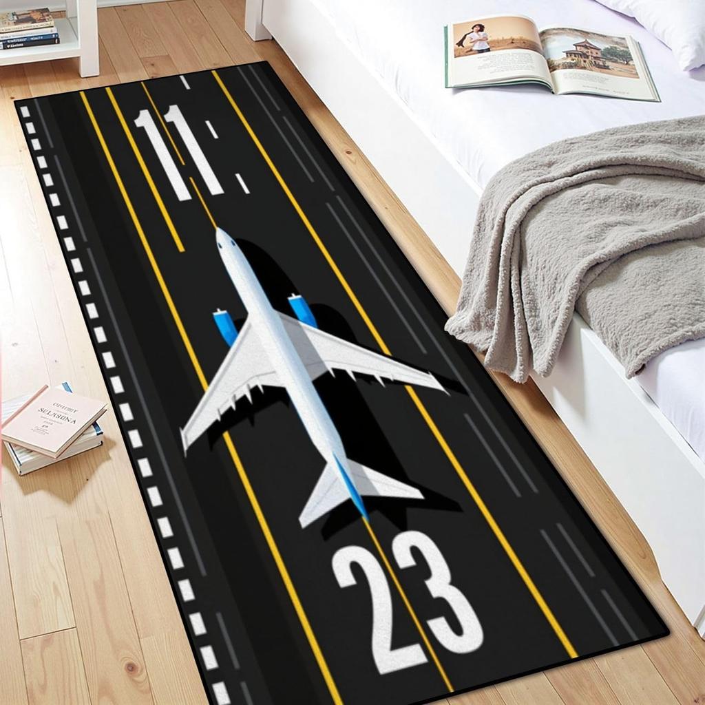 Airport Runway Hallway Runner Rug Airplane Pattern Soft Non-Slip Floor Mat Aviation Theme Kids Room Living Room Decor Rug