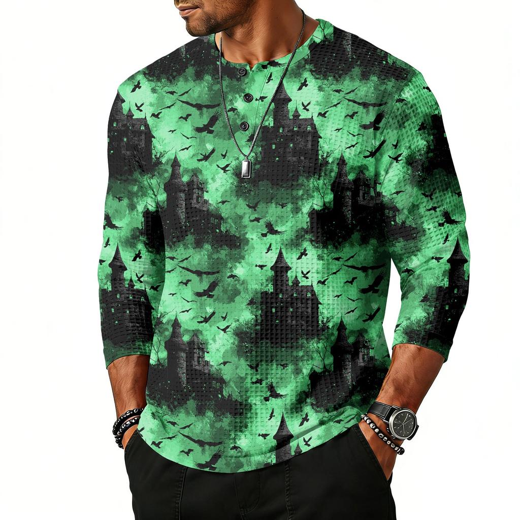 Men Casual Halloween Print Crew Neck Raglan Three Quarter Sleeve Shirt Lightweight Breathable Top for Everyday Wear