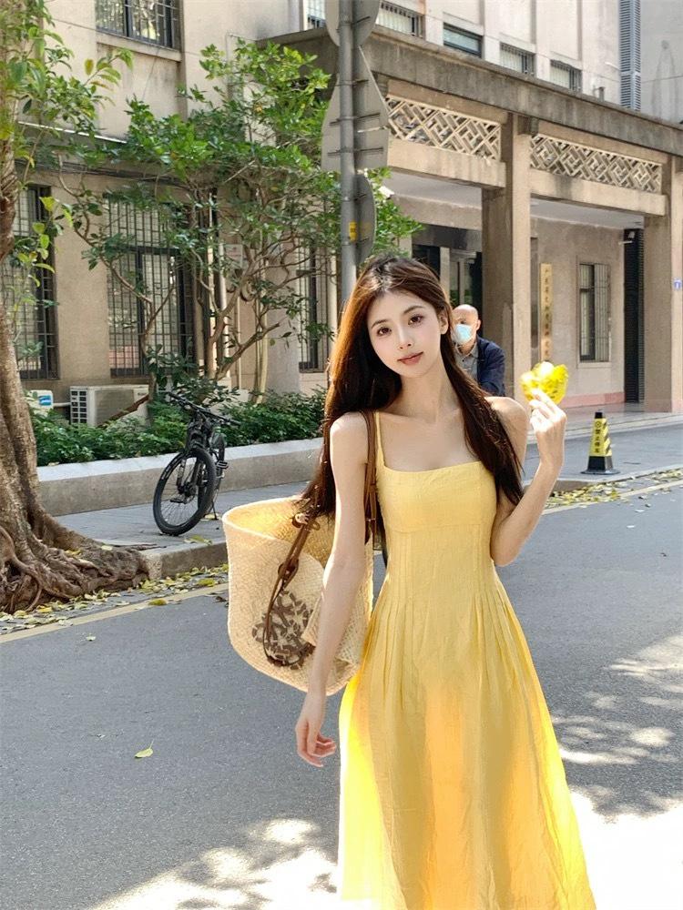 [Original practice] French small suspender dress women's clothing summer waist temperament long dress seaside vacation