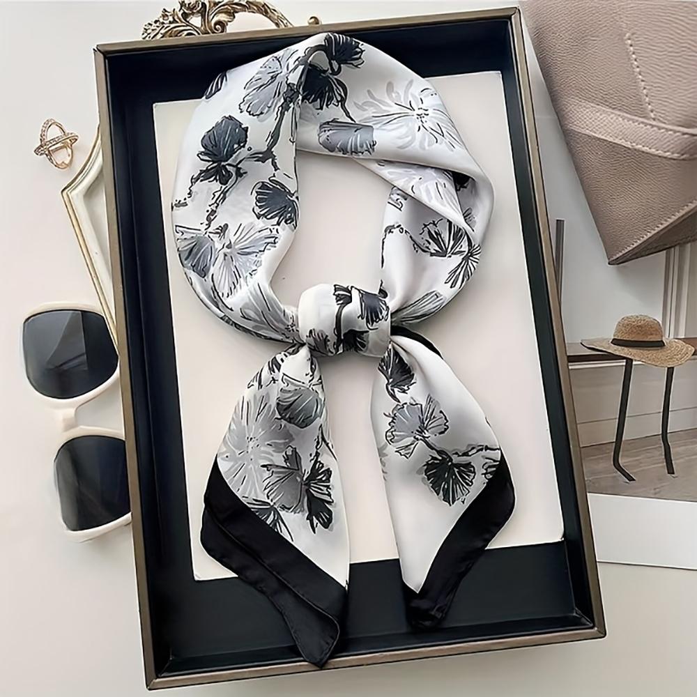27.6inch Elegant Floral Print Square Scarf Soft Satin Neck Scarf Fashion Accessory Professional Versatile Small Scarf