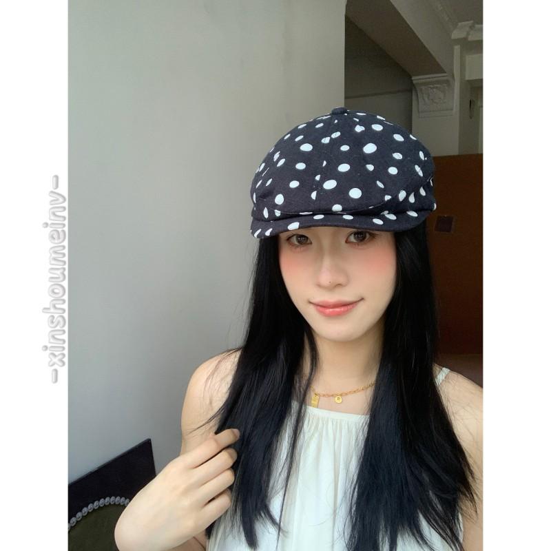Vintage Polka Dot Linen Newsboy Cap Women - Slimming Face Effect UV Protection Boho Artist Hat