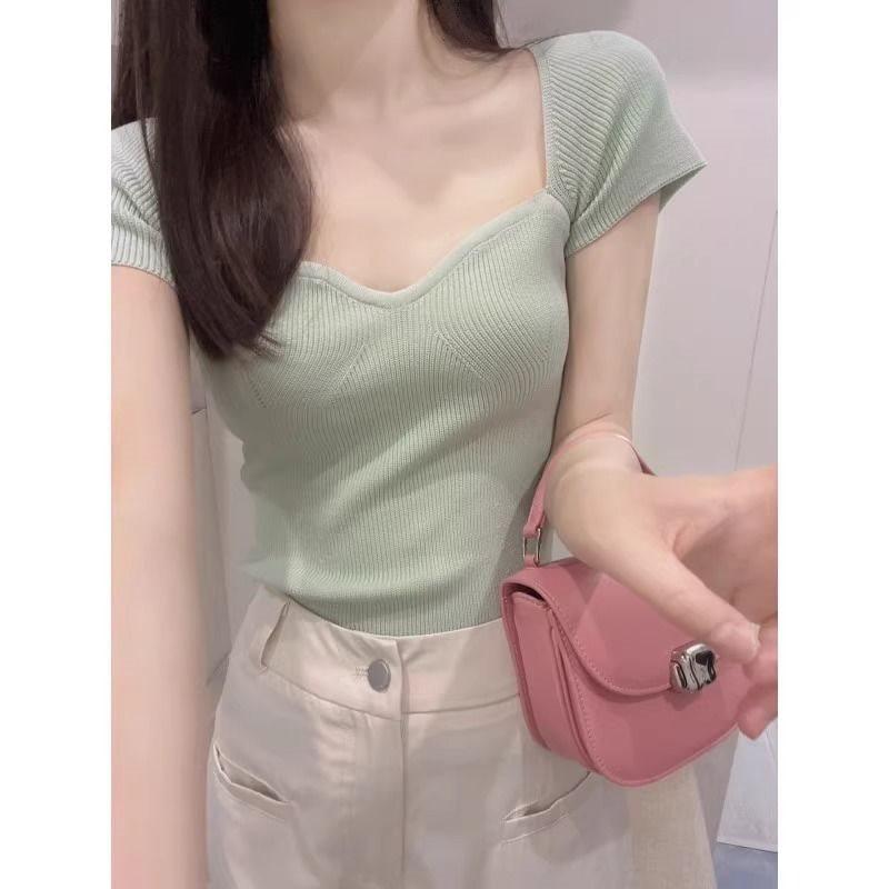 Oversize T Shirt For Women With Square Neck And Embroidery In Pure Color Style For Summer