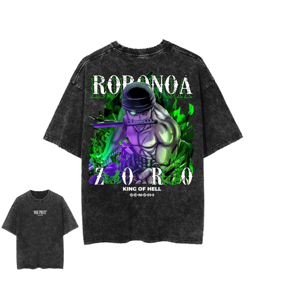 Oversized Vintage Washed One Piece Anime T Shirt Men Women Cotton Short Sleeve Tee Streetwear Graphic Print Tops