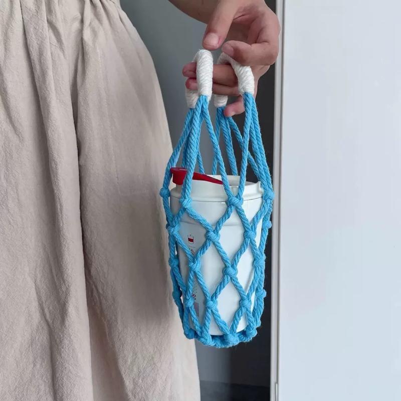 Porta Borraccia in Macramè Fatto a Mano Rete Multicolore in Corda di Cotone Borsa a Rete Portatile Porta Tazza Borraccia Riutilizzabile per Acqua Borsa Tote