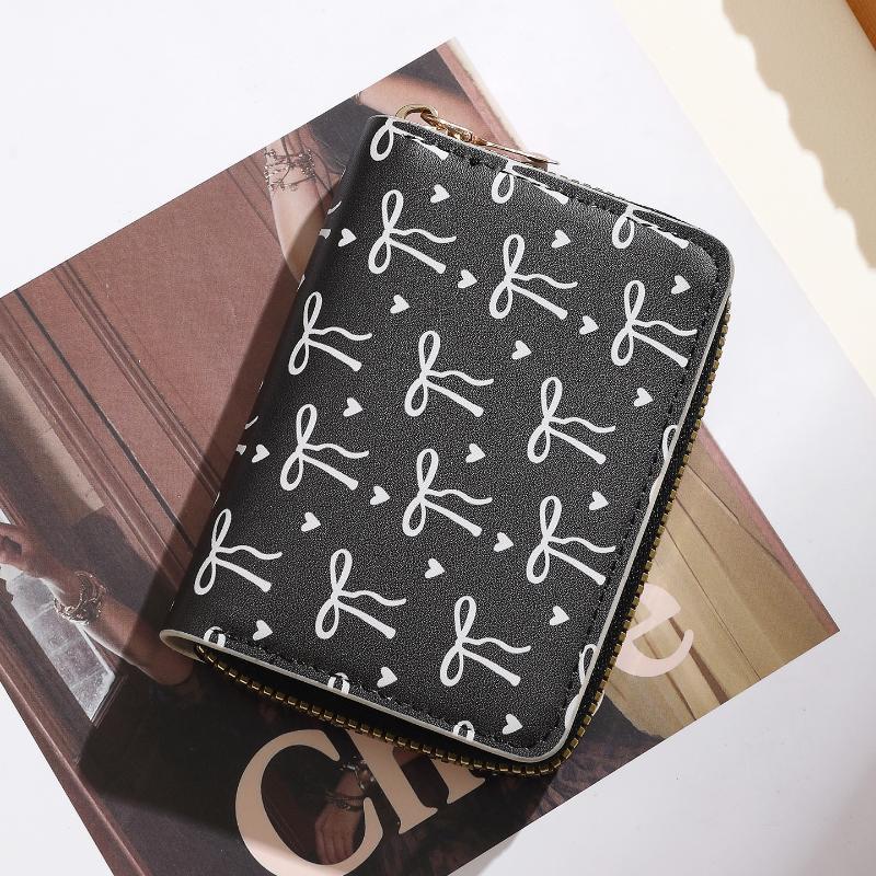 Cute Bow Print PU Leather Card Holder Multiple Slots Secure Zipper Coin Purse Small Wallet for Weekend Trips