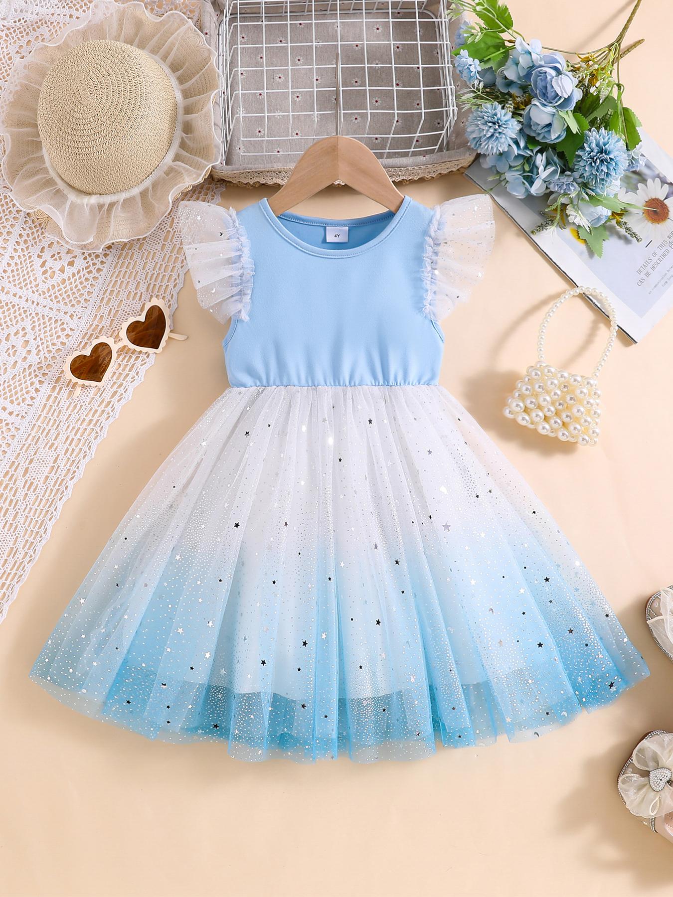 Girls Blue Ombre Star Tulle Dress Kids Ruffle Sleeve Tutu Dress 4Y синий