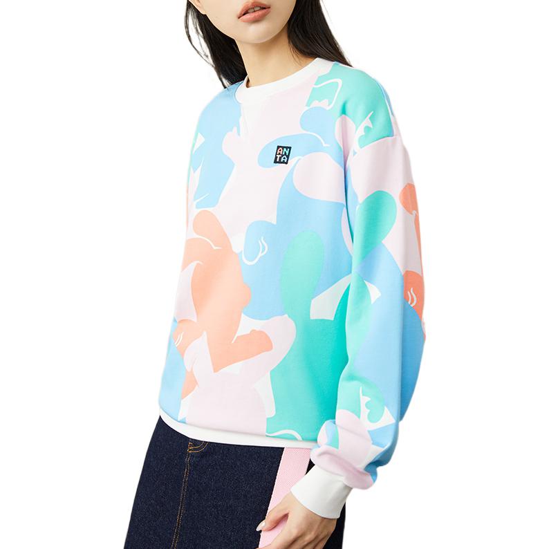 Anta All Over Print Logo Round Neck Long Sleeve Sweatshirt Women sweatshirt Paper-White 162248718N-1