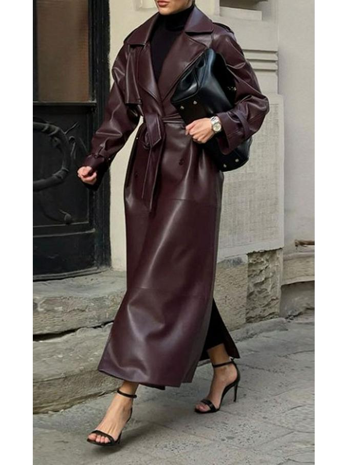 

2024 Темно-красное кожаное пальто с завязкой на талии Medium