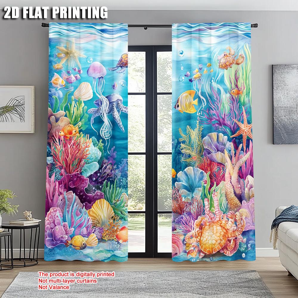 2pcs, Contemporary Curtains 2D Print Ocean Sea Versatile Polyester Fabric (without Rod) All Seasons Perfect for Bedroom & Living