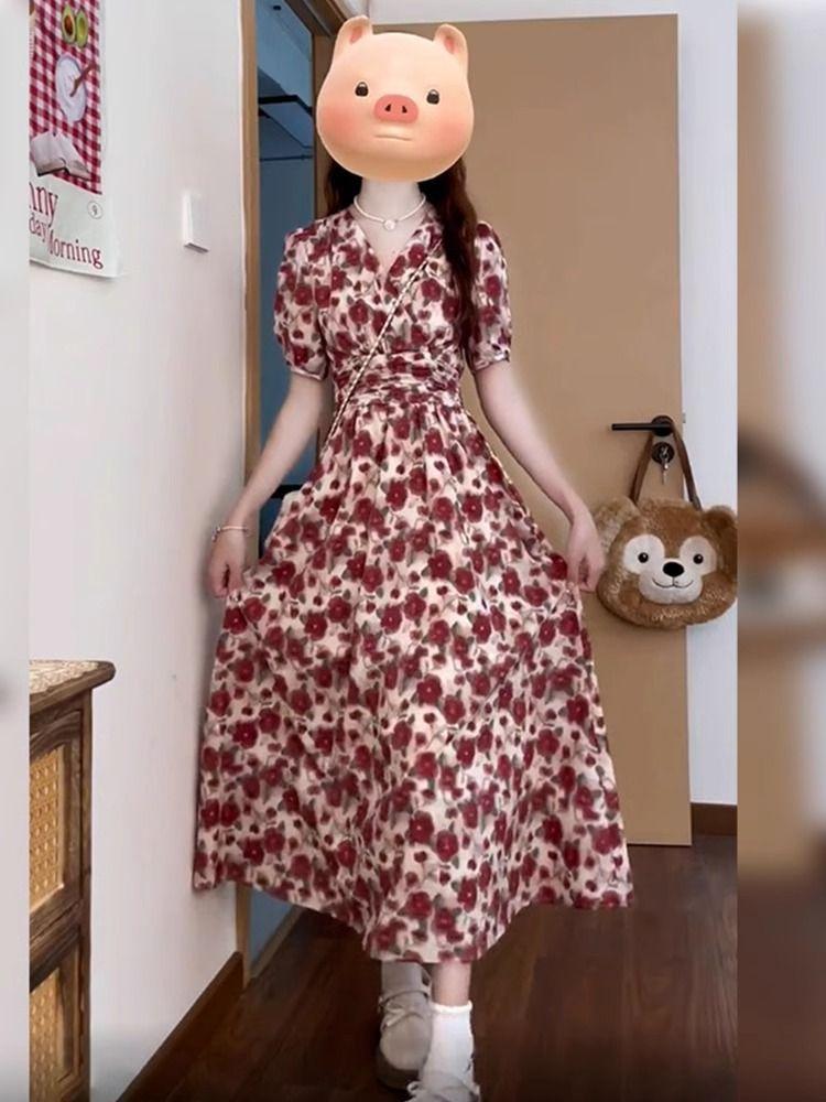 

Summer red floral dress children s new waist explosion long dress coffee break French temperament advanced sense S красный