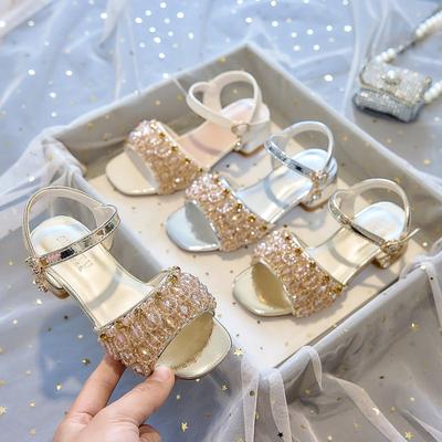 Sandálias de menina sapatos de princesa2026Novo Verão Salto Grosso com Contas Cristal Performance Passarela Praia Salto Alto Infantil