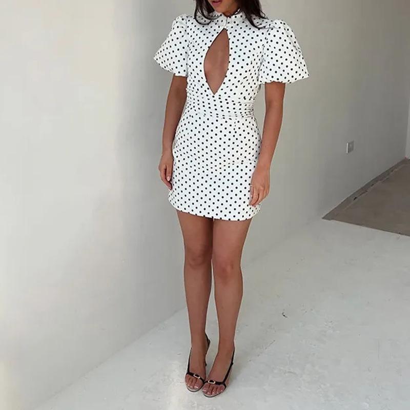 Vestito Mini Casual da Donna alla Moda a Pois con Intagli e Maniche a Sbuffa a Manica Corta con Collo Alto