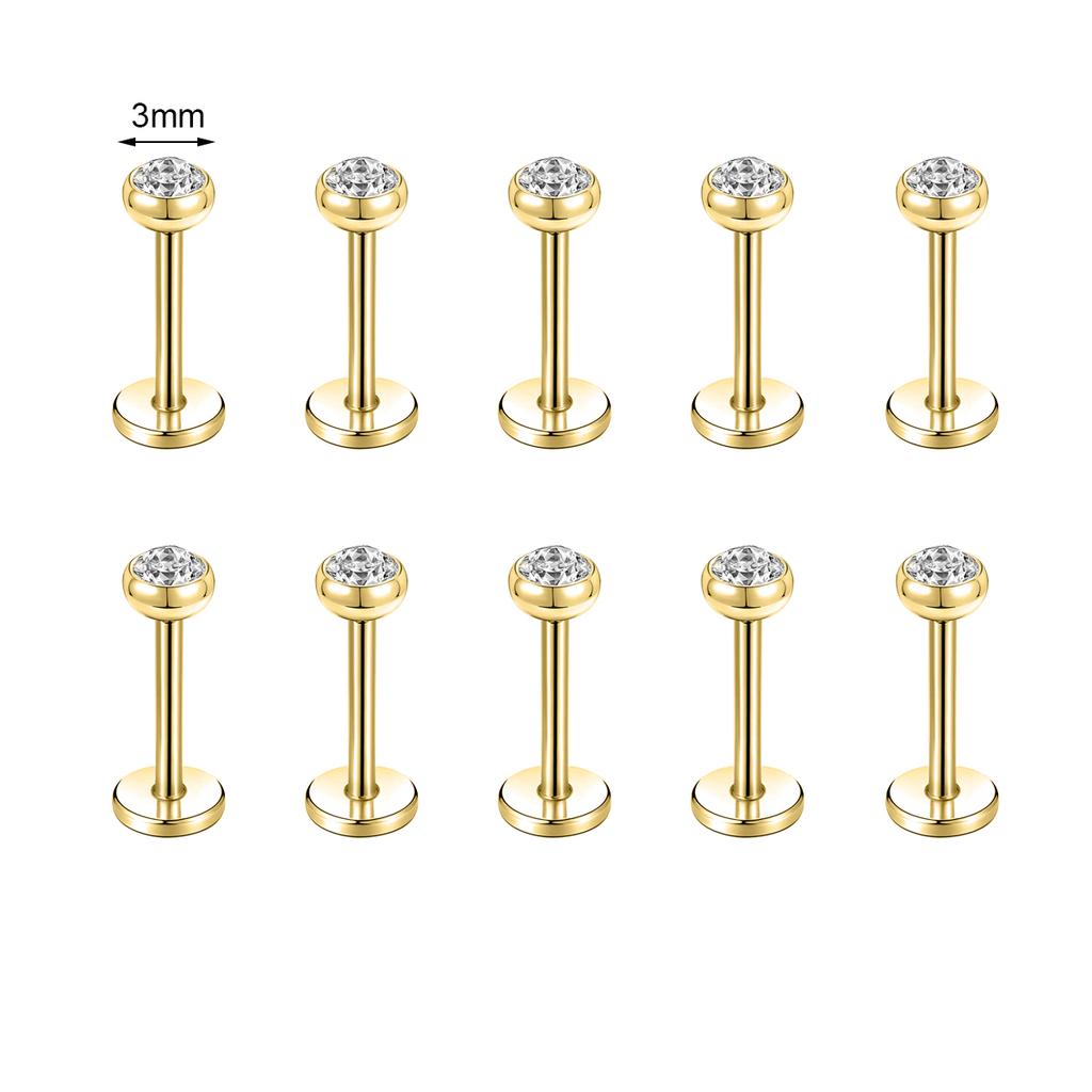 ZS 10 Pcs/lot Gold Color 16/18G Stainless Steel Labret Lip Piercing Men CZ Crystal Ear Cartilage Tragus Helix Piercings 6/8/10MM
