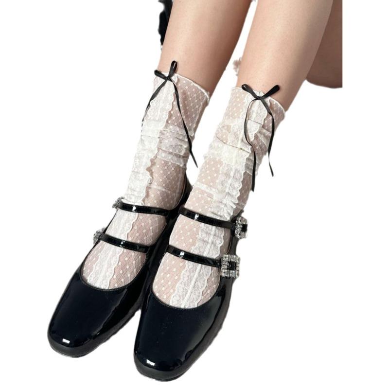 1 Pair Sweet Japanese Fashion JK Calf Sock for Girl Elastic Mesh Jacquard Dot Style Mid-calf Sock Summer Lightweight Soft Sock