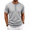 Men's Casual Short Sleeve Henley Shirt Loose Fit Small Check Jacquard Pattern Lightweight Summer Top with Button Placket