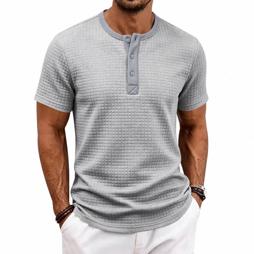 Men's Casual Short Sleeve Henley Shirt Loose Fit Small Check Jacquard Pattern Lightweight Summer Top with Button Placket