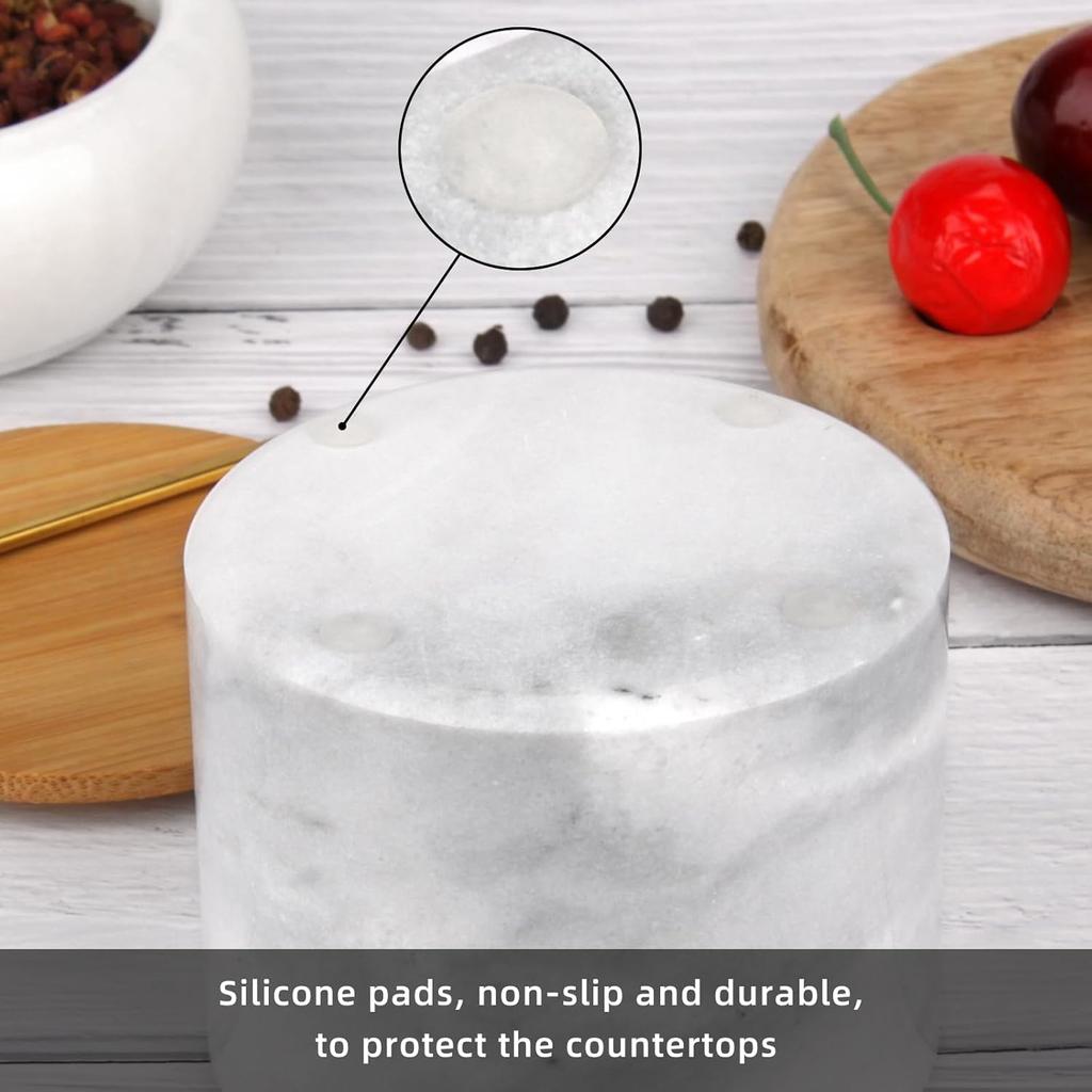 Marble Salt Cellar Box with Bamboo Lid & Metal Spoon, Modern Stone Salt or Pepper Sugar Spice Seasoning Bowl Container Jar Holder Well Keeper Dish