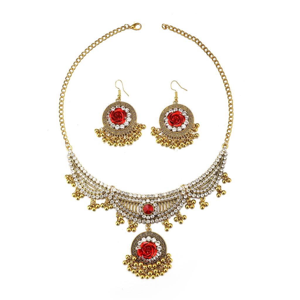 Bohemian Vintage Floral Necklace and Earring Set , Retro Ethnic Style Jewelry for Women