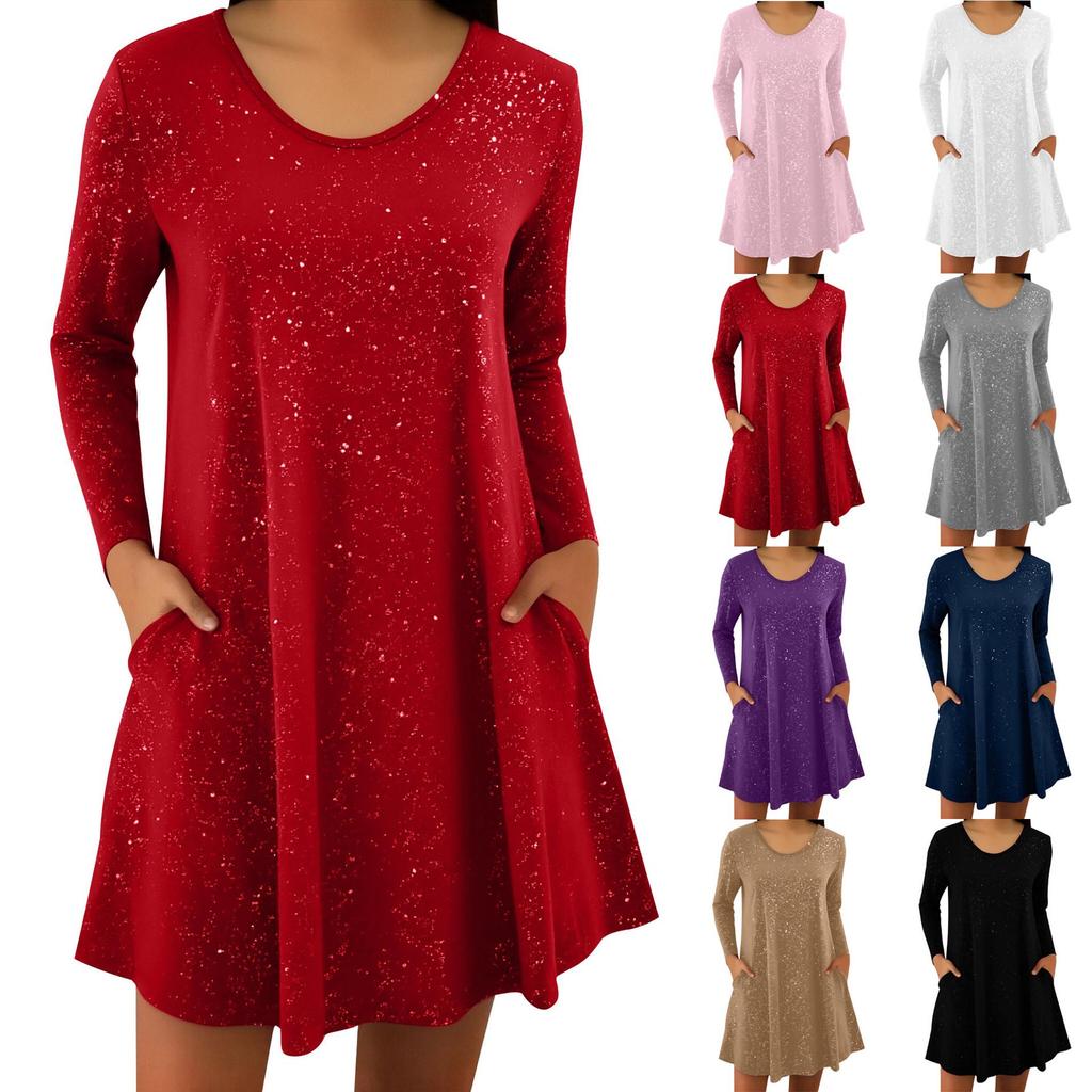 2026 Trendy European & American Style Long Sleeve Pocket Dress with Hot Stamping