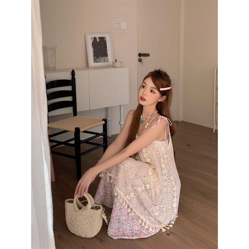 Seaside Vacation Style Summer Stylish Patchwork Suspender Skirt