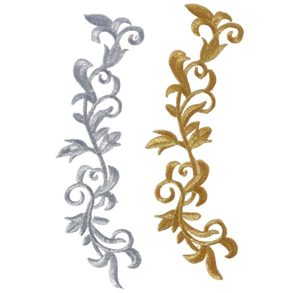 6pcs Lace Flower Embroidered Iron On Patch Polyester 22*7cm Lace Flower Embroidered Patches Sliver Gold
