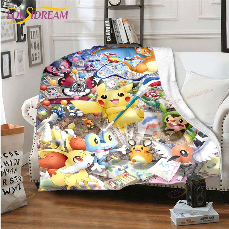 Cartoon Pokemon Printed Pikachu Fleece Plush Blanket Soft Warm Blanket for Adults and Children Bedroom Sofa Gift  Picnic Blanket