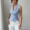  Summer Striped Sleeveless Lace-up Waist Cinched Slimming Shirt Vest Casual Women Blouse Leisure European American