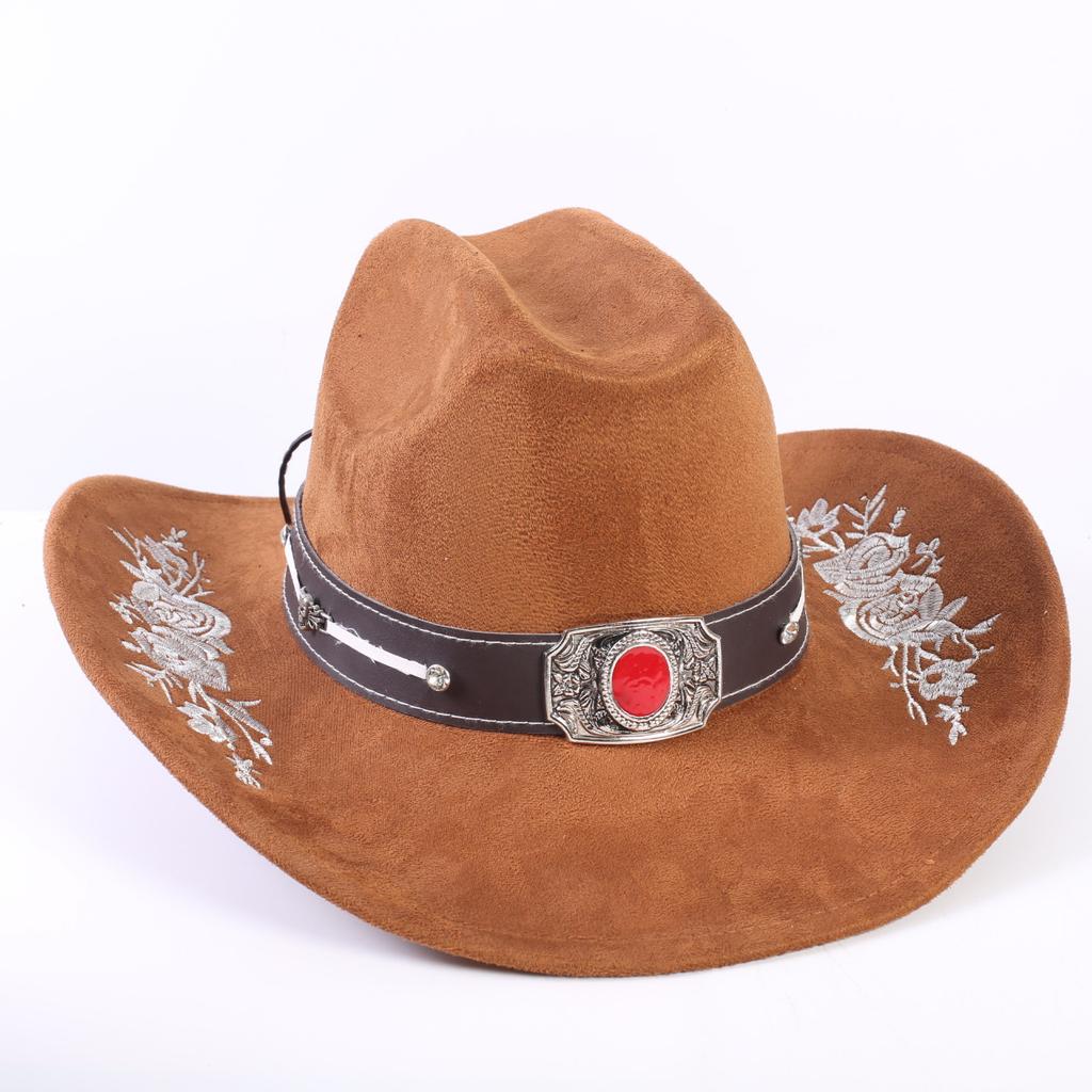 Popular European and American Classic Suede Western Cowboy Hat Men's and Women's Big Brim Embroidered Outdoor Sun Hat