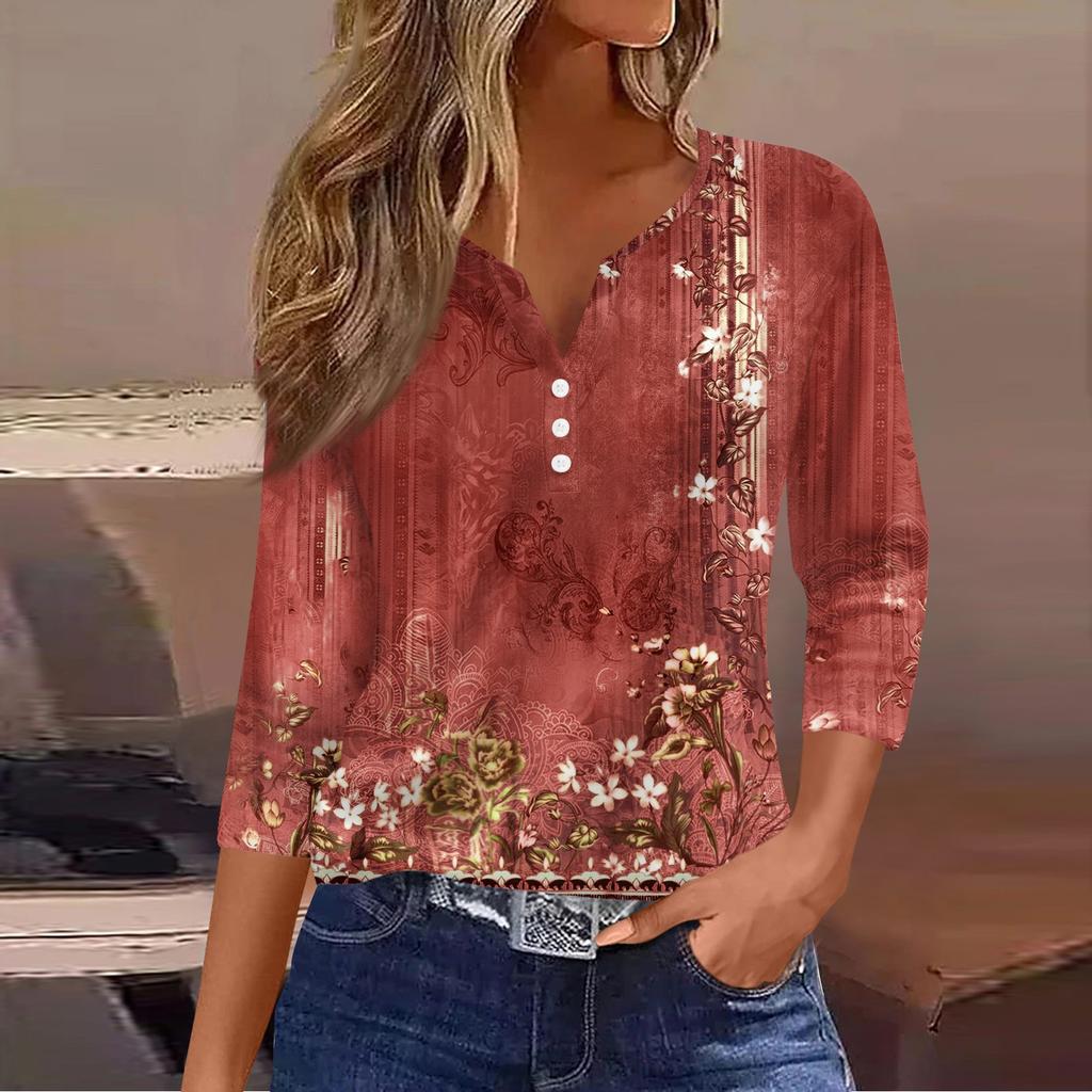 Ladies Casual Fashion V-neck Loose Versatile Floral Print Three-quarter Sleeve Top
