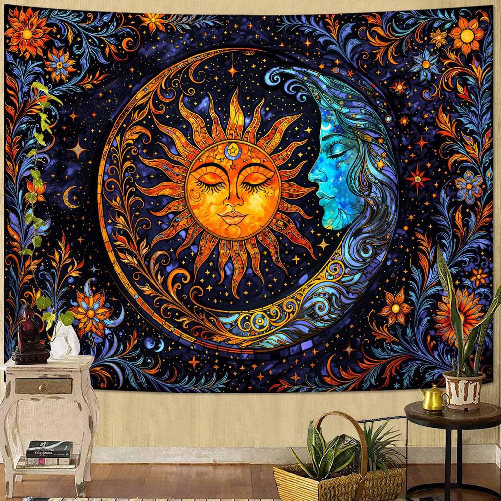 Boho Sun and Moon Tapestry, Colorful Celestial Starry Sky Mandala Print Wall Hanging for Bedroom Living Room Dorm Decor