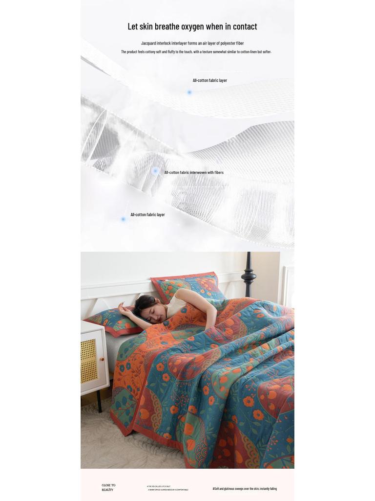 Class A Cotton Towel Blanket: 3-Layer Gauze, Yarn-Dyed Jacquard, 4-Seasons Bedspread, Air Conditioning Quilt, 3-Piece Set