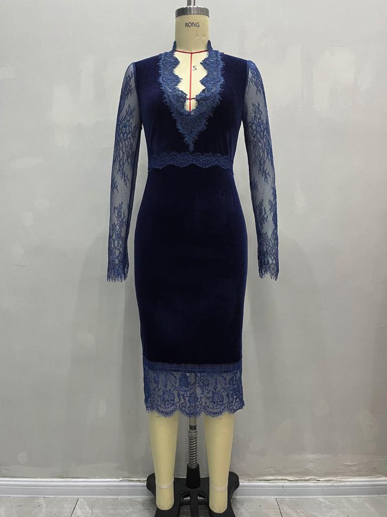 Retro Lace Velvet Deep V-Neck Long Sleeve Dress with Waist-Cinching and Hip-Hugging Skirt