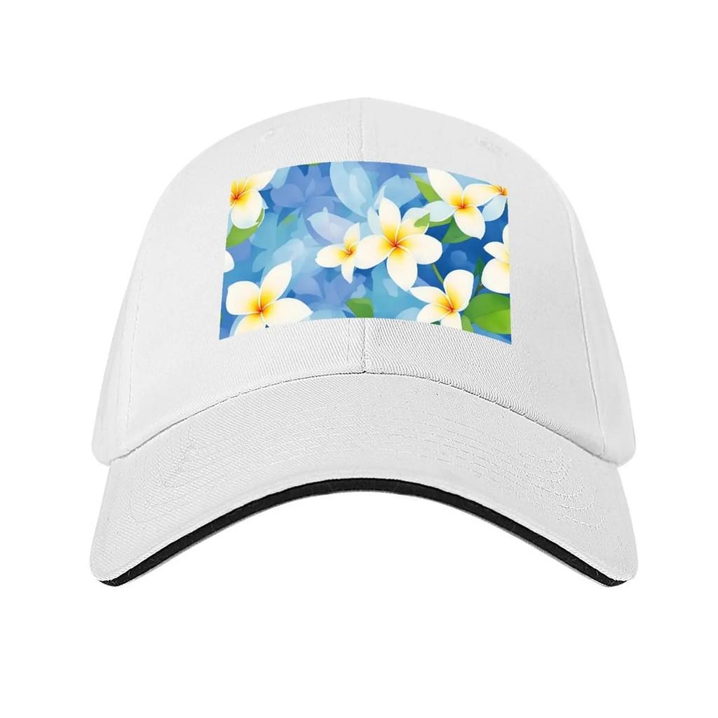 Hawaiianisches Blumenmuster nahtlos mit Blume Frangipani Hawaii grünen Blättern und Blauem Himmel Baseballkappe