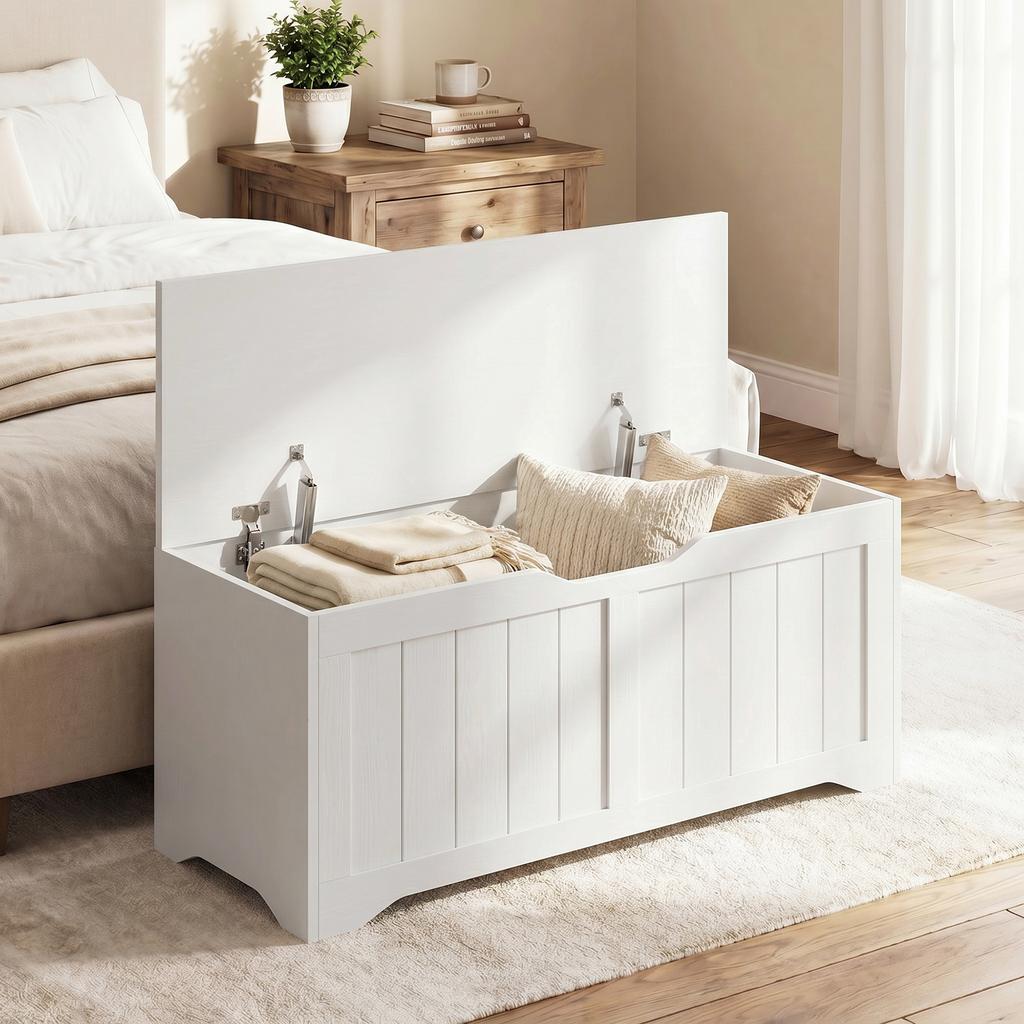 Storage Chest, 136 L, Bench, 2 Safety Hinges, Handle-Free, 100 x 40 x 45 cm, White