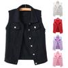 Lapel Sleeveless Single Breasted Flap Pockets Women Waistcoat Candy Color Ripped Holes Denim Vest Coat Streetwear
