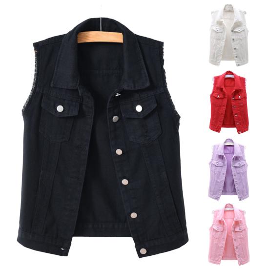 Lapel Sleeveless Single Breasted Flap Pockets Women Waistcoat Candy Color Ripped Holes Denim Vest Coat Streetwear