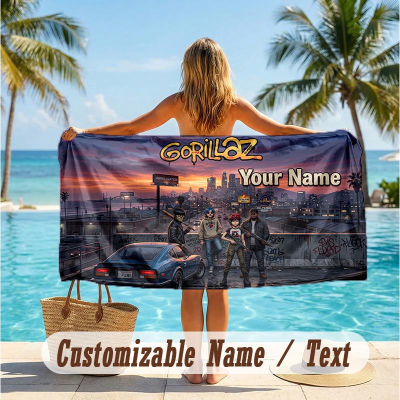 Custom Text Beach Towel, Soft Absorbent Swimming Multi-use TowelGorillaz