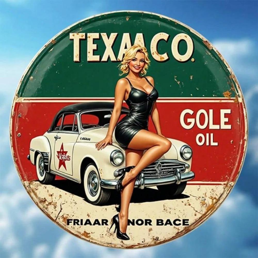 Retro Texaco Oil Metal Tin Sign Wall Decor Aluminum Round Wall Art Vintage 8 Inch