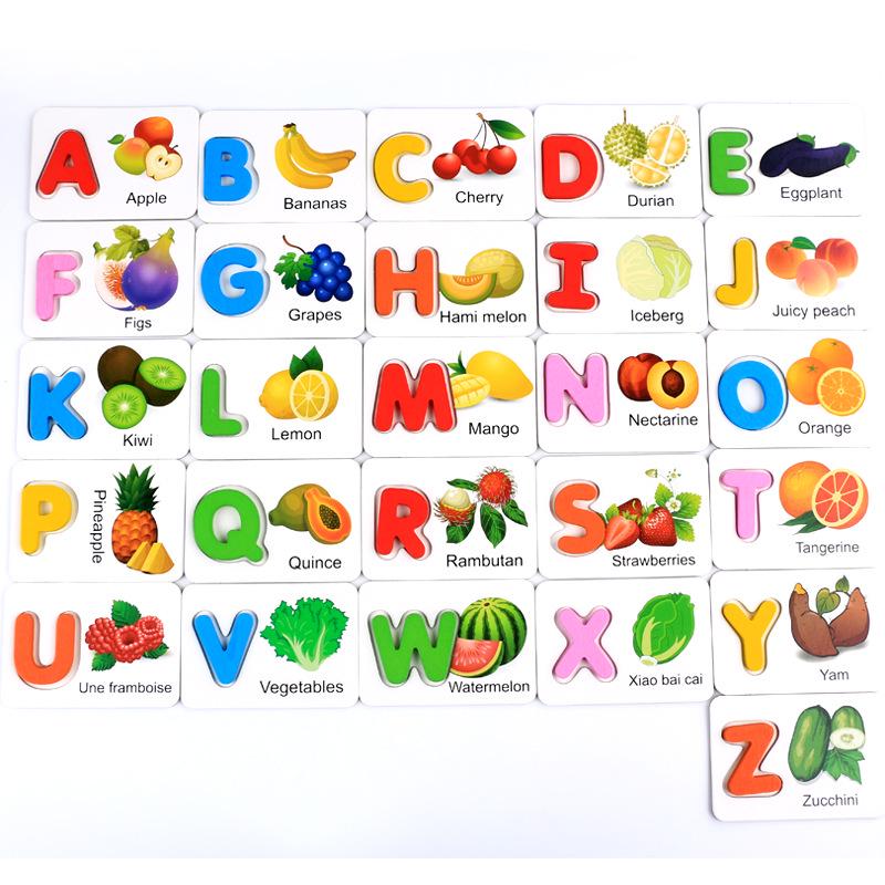 Wooden Montessori Fruits & Vegetables Alphabet Puzzle Cards for Early Childhood Education