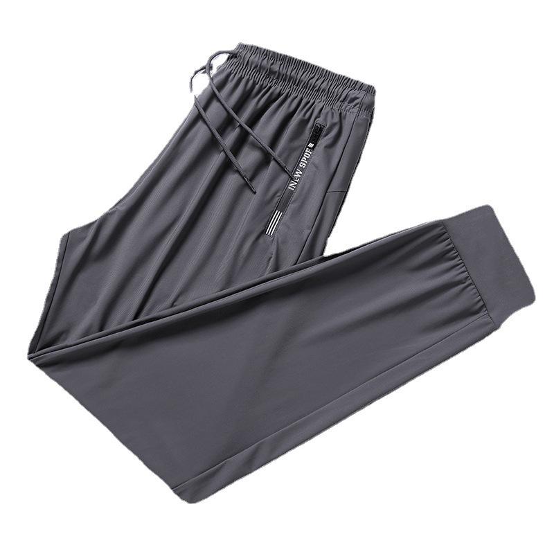Men's High-End Elastic Ice Silk Sports Pants - Summer Breathable, Quick-Drying, Loose Straight Leg, Plus Size, Long Running Pants