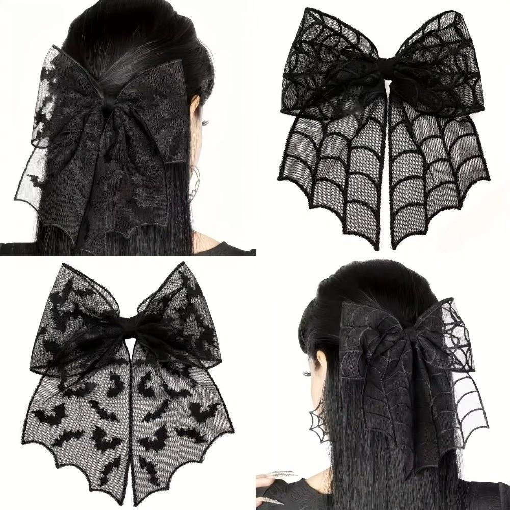 Lace Tulle Veil Hair Clips Bat Embroidery Gothic Style Halloween Hairpins Mesh Bow Christmas Tree Bow Hair Clips