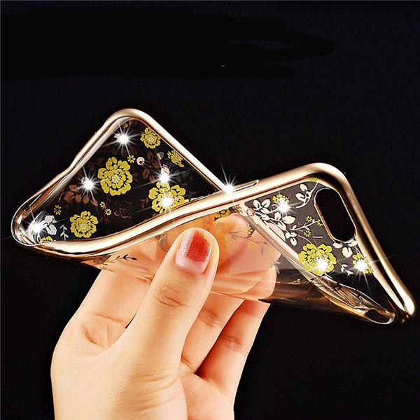 Rose Gold Plating Frame Clear Soft TPU Back Cover Bling Diamond Flower Case For iPhone/Samsung