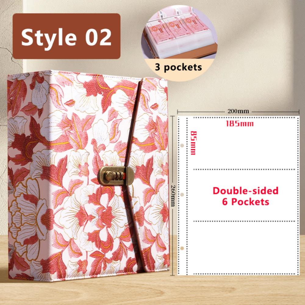 PU Leather Money Savings Binder with Combination Lock 1000 Pockets Cash Storage Book Large Capacity Gilt Peony Pattern