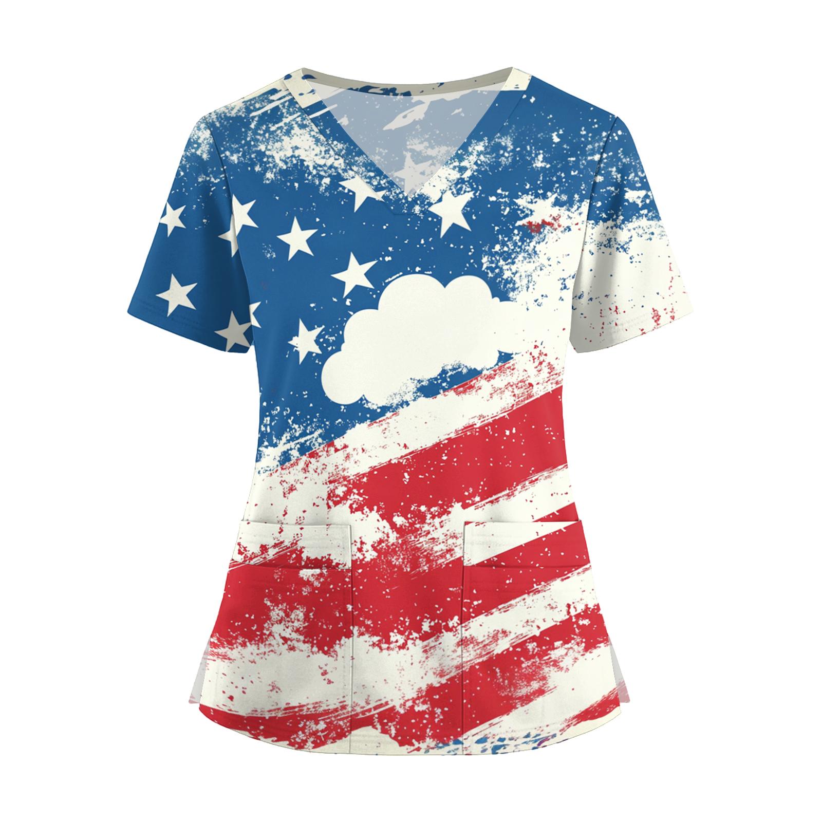 

Women V Neck Short Sleeve Work Top with Pocket and Split Hem Star Print Comfortable Uniform Shirt XL білий