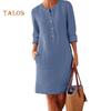 Hi Cutie Women Clothing Loose Solid Color Buttons Cotton Linen Long Sleeve Midi Dress