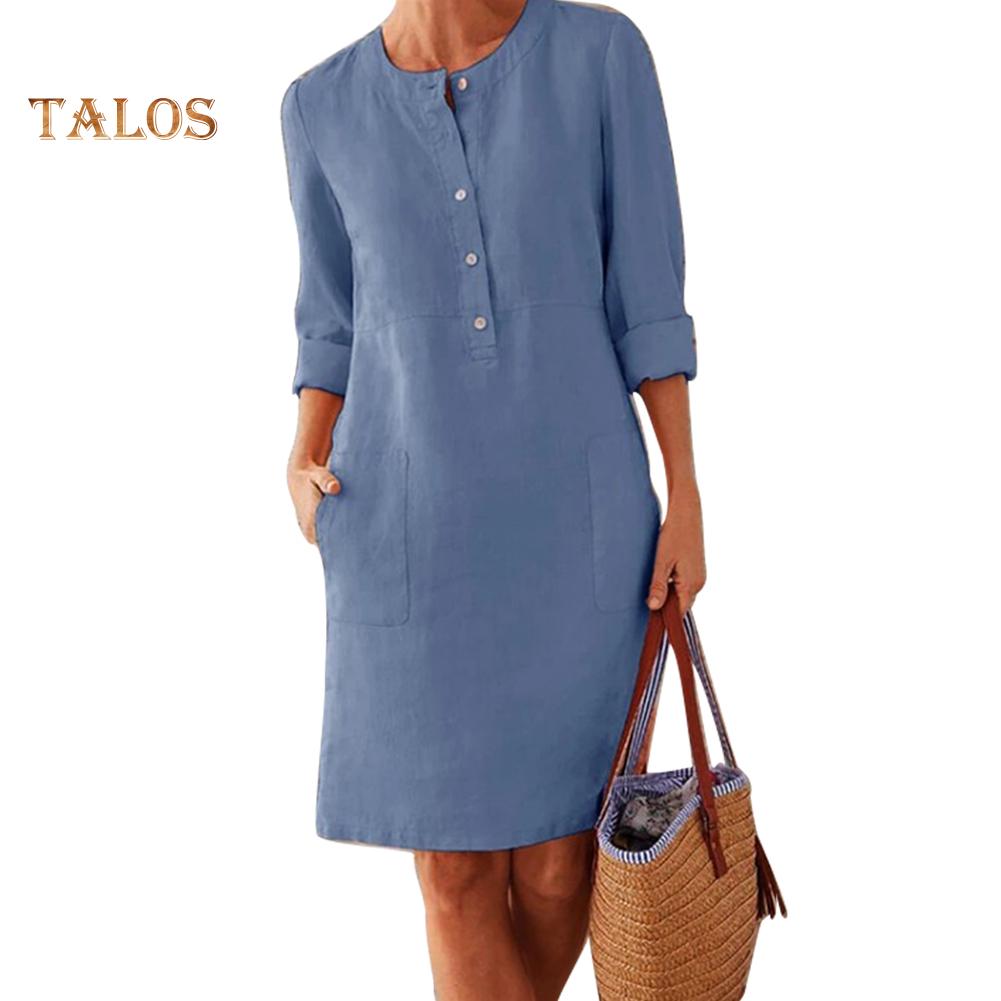 Hi Cutie Women Clothing Loose Solid Color Buttons Cotton Linen Long Sleeve Midi Dress