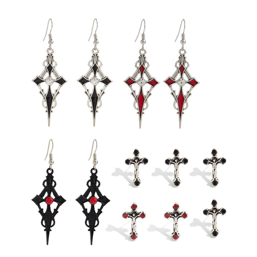 6pcs Set Dark Gothic Sliver Color Spider Web Bat Skull Blood-dripping Cross Stud Earrings for Women Men Halloween Jewelry Sets