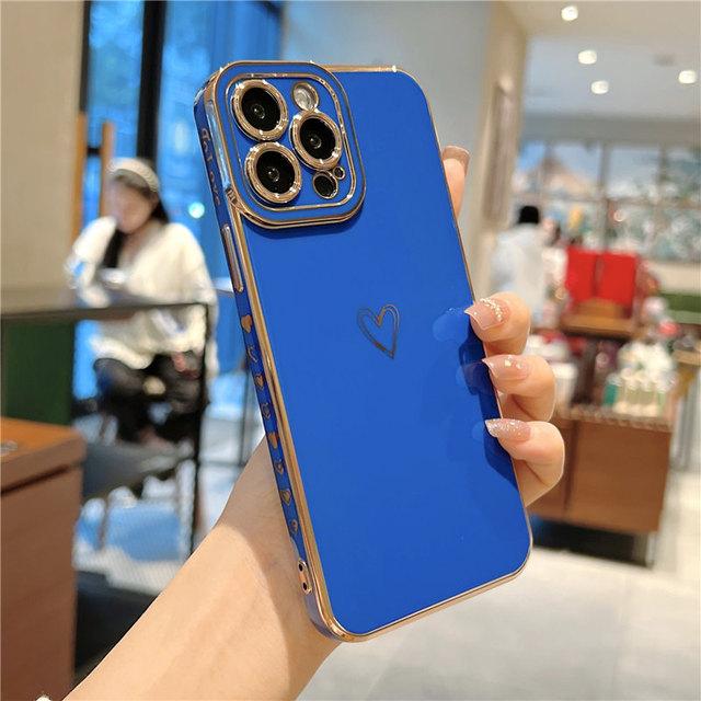 Funda Suave Electrochapada con Corazón de Amor para iPhone 13 Pro Max 12 11 Xs Max X Xr 7 8 Plus 12 Pro Cubierta Electrochapada con Protección para la Cámara